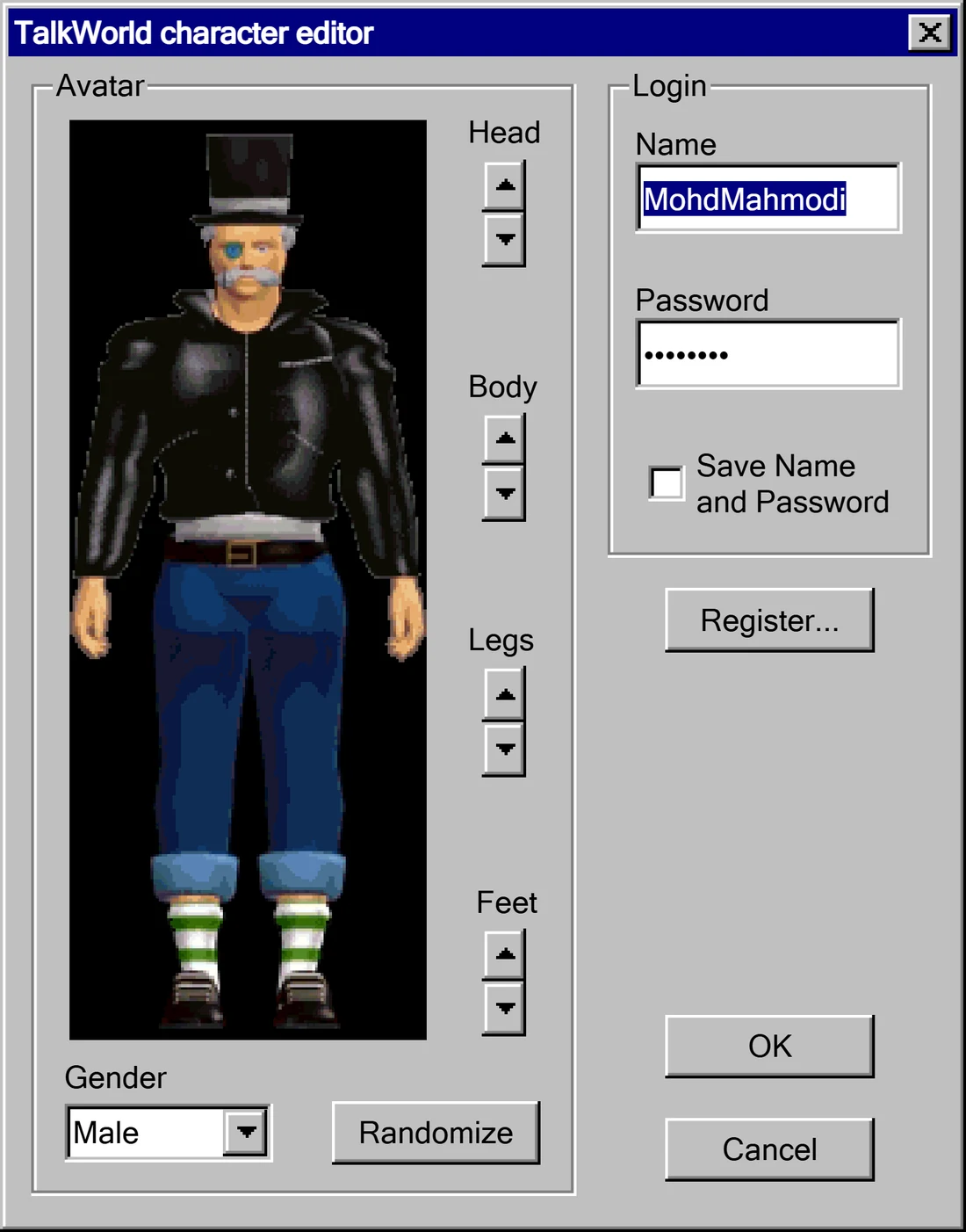 The TalkWorld character editor with arrows for head, body, legs and feet, a gender list and a Randomize button