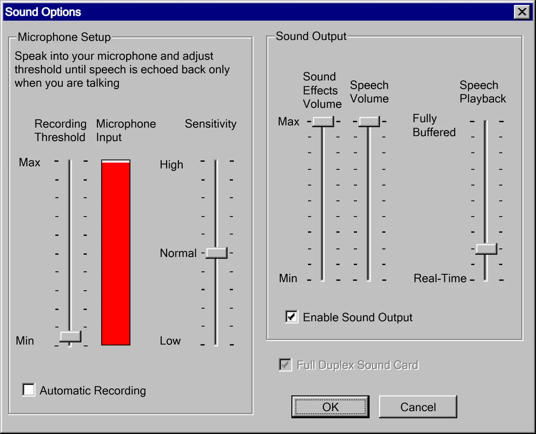 The Sound Options window with sliders for threshold, sensitivity, sound effects volume, speech volume and speech playback