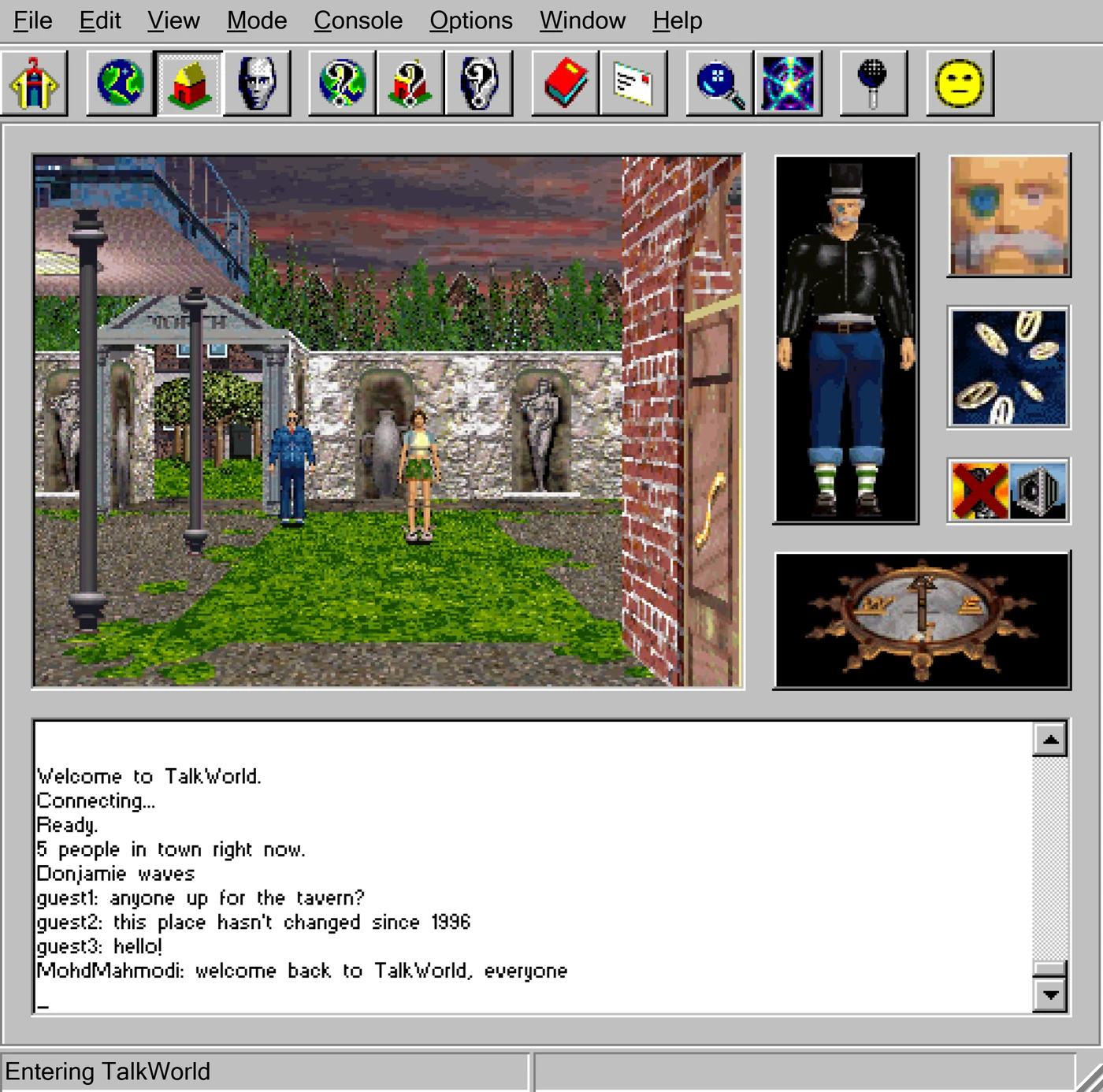 The TalkWorld window: players in the town square, the character panel, and the chat box