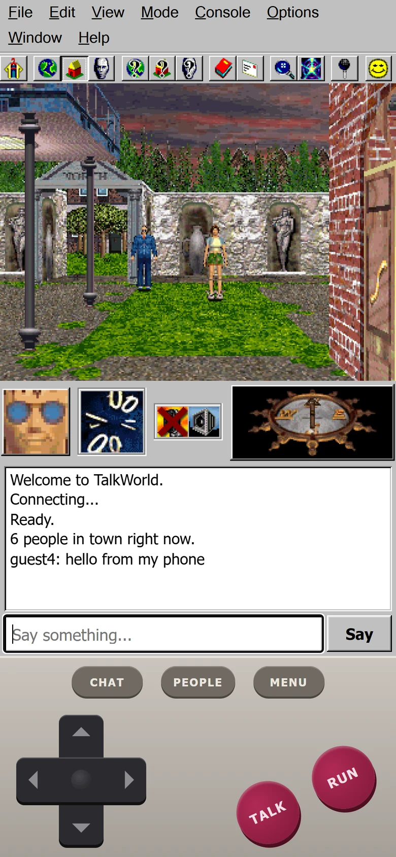 TalkWorld on a phone, with touch controls